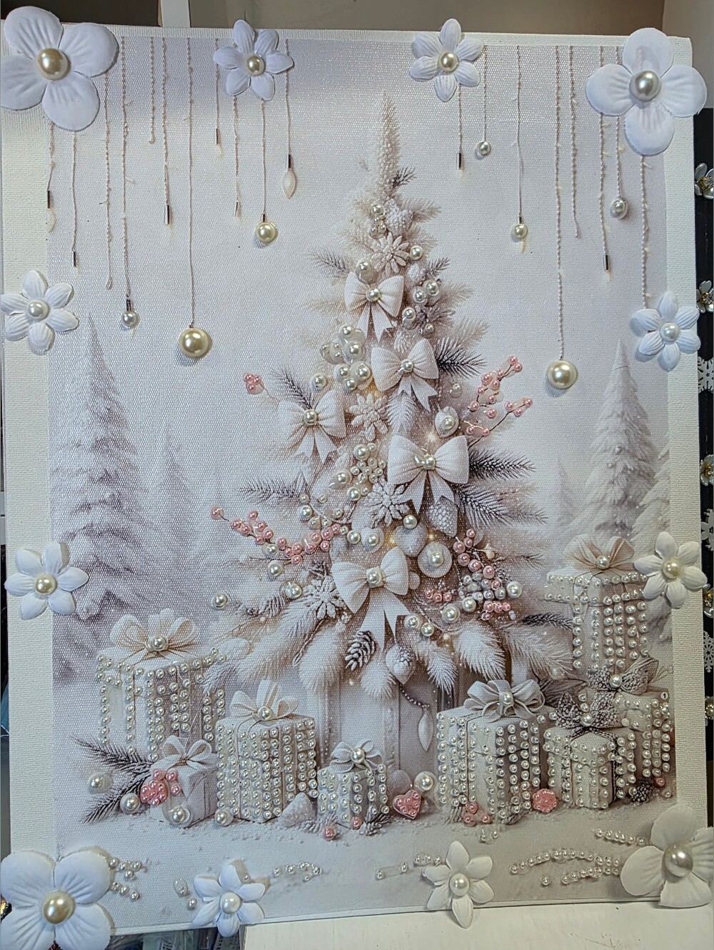 Hand Crafted Pink and White Pearl Holiday Canvas